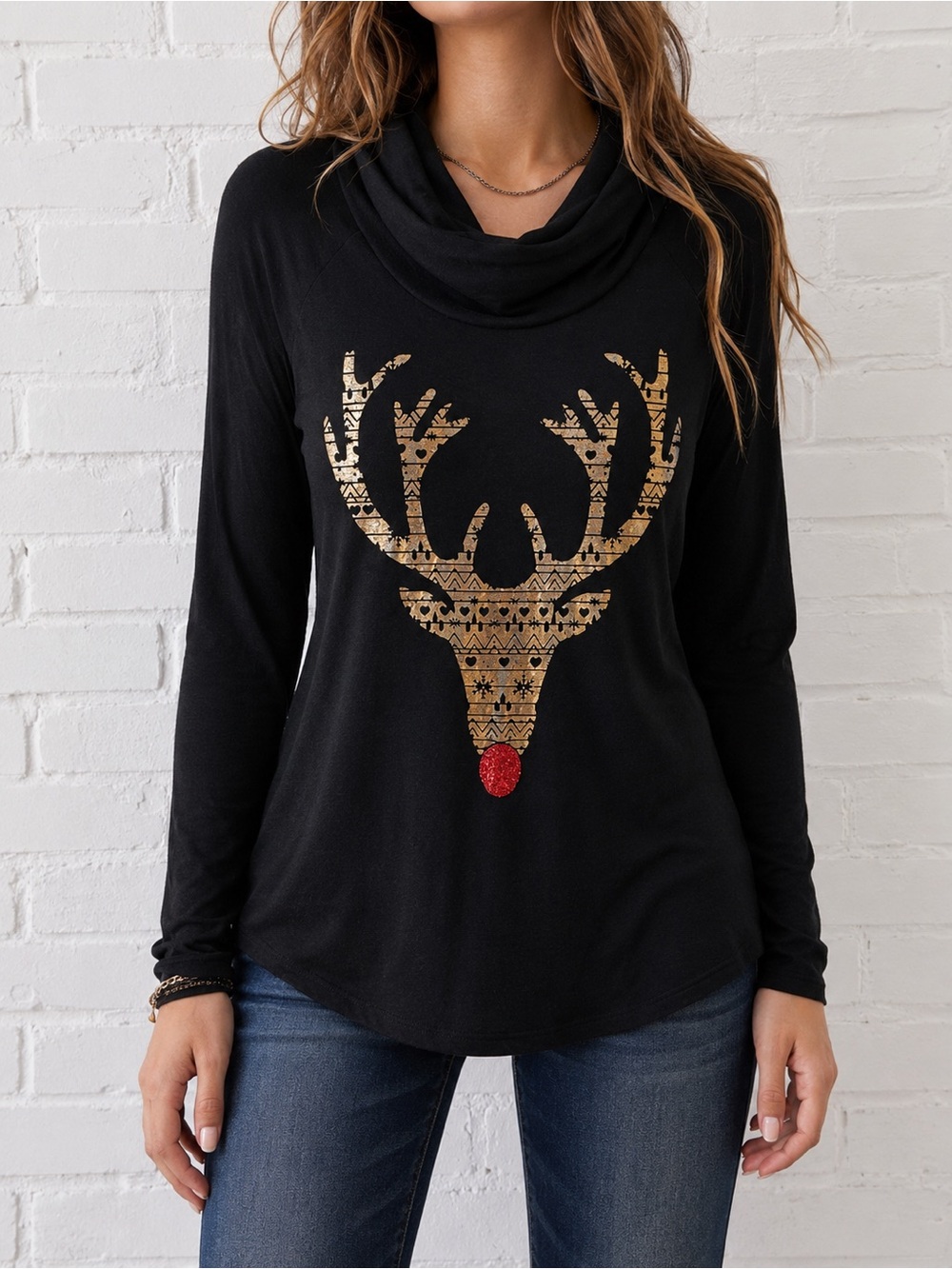 No Boundaries Y2K Christmas Rudolph Reindeer Cowl Neck Shirt Small NWT